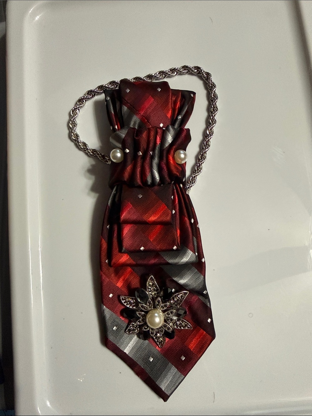 Red Pearl Accent Necktie Necklace - Women Jewelry